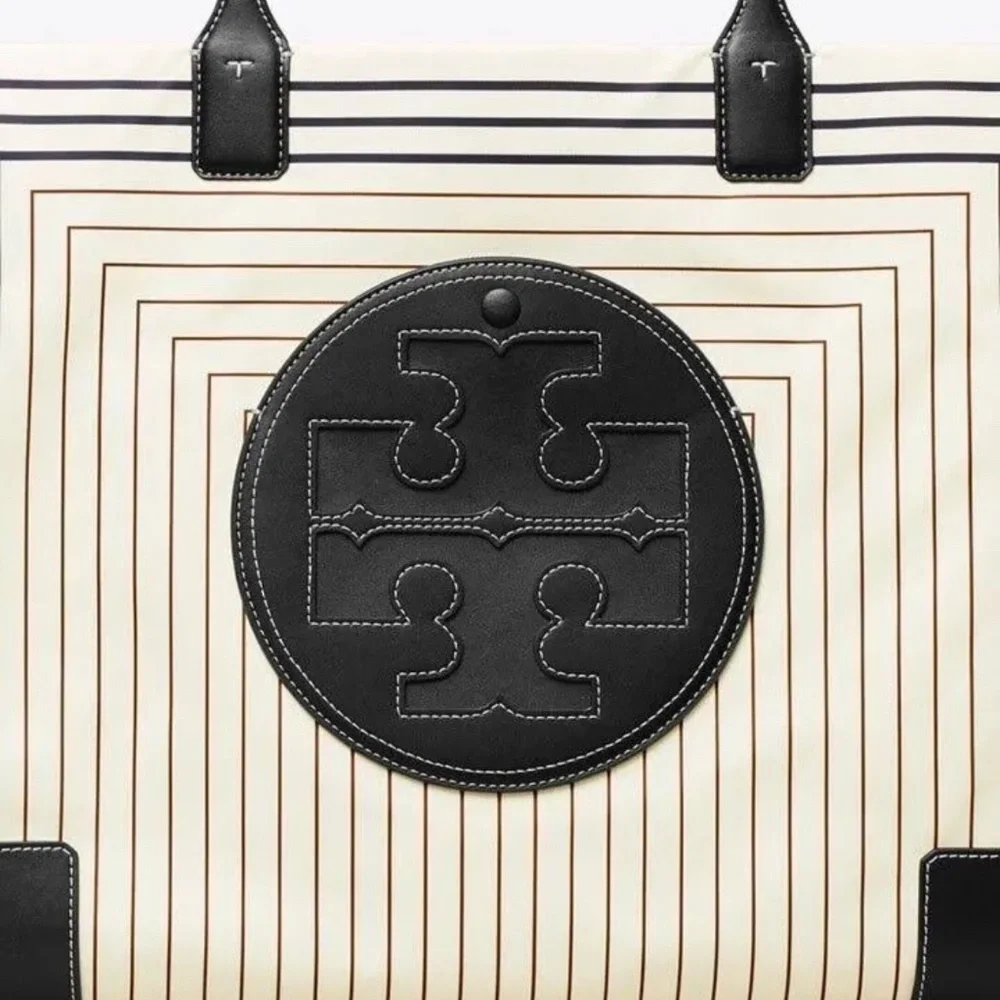 Tory Burch Black and Cream Striped Logo Tote